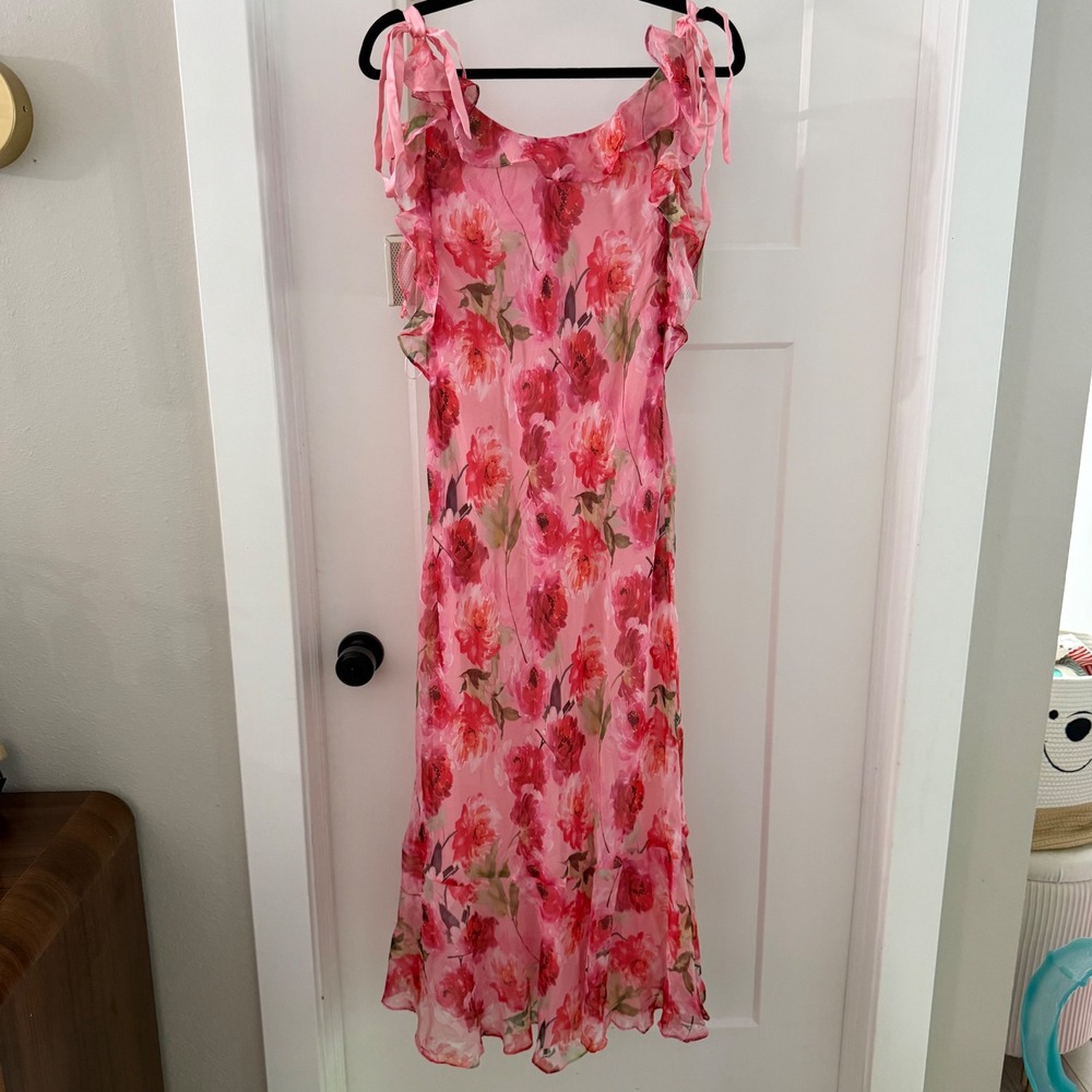 ASTR the Label Nissa Pink Floral Ruffle Midi Dress S Coquette Cottgecore Barbie